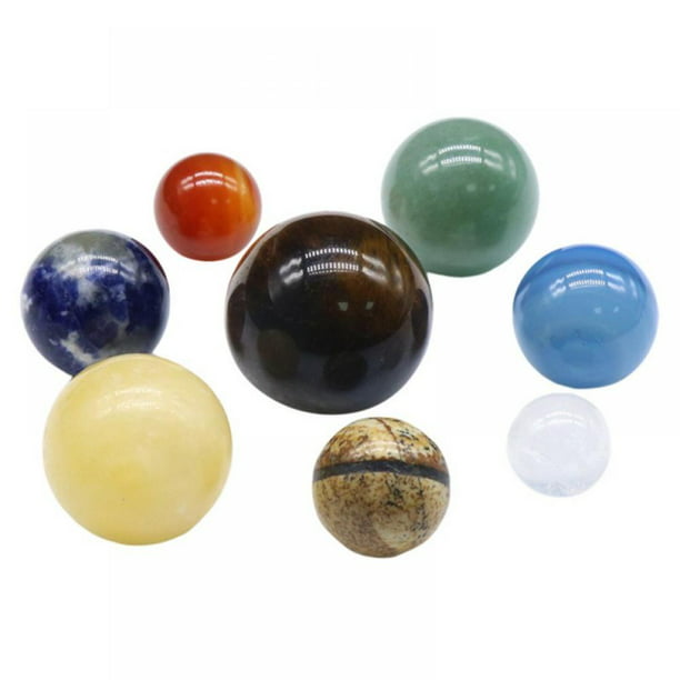 Solar System 8 Planets Crystal Sphere Ball Natural Gemstone on Wooden Stand Gift